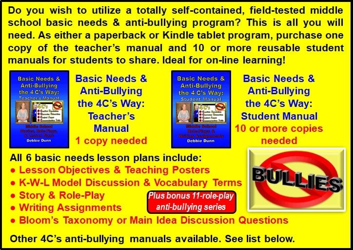 Description of how to set up a self-contained, field-tested middle school Basic Needs & Anti-Bullying program